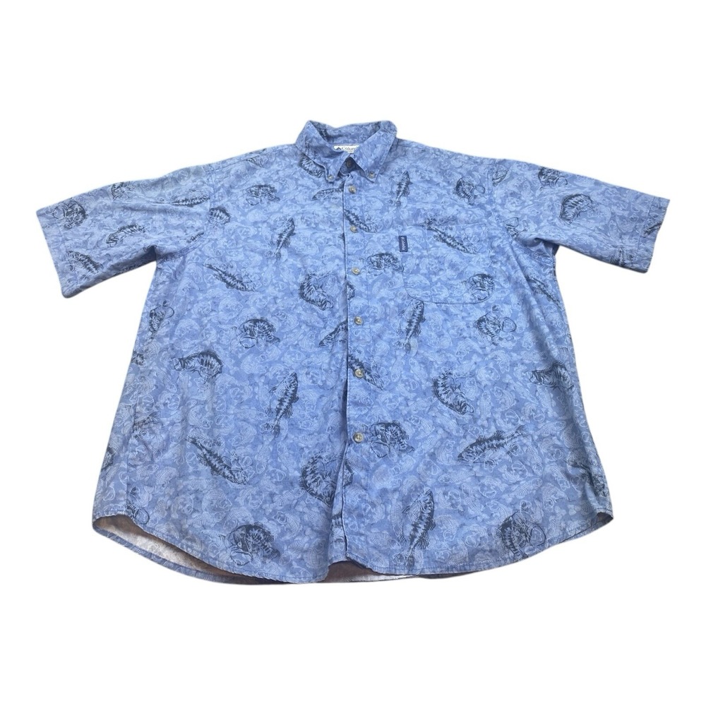 Columbia Shirt Mens XL Blue Fish Bass Pattern Short Sleeve Button Up Cotton Polo
